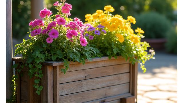 A sturdy, rustic wooden planter box filled with vibrant summer flowers and trailing greenery, perfect for a sunny patio.