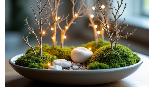 A serene indoor forest scene meticulously crafted with preserved mosses, tiny bare branches, and small white stones, under soft LED lighting.