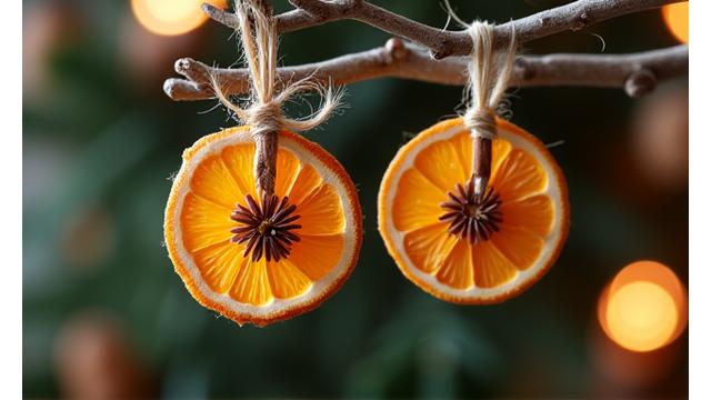 Delicate handmade ornaments crafted from pinecones, dried orange slices, and cinnamon sticks, hanging on a rustic branch.