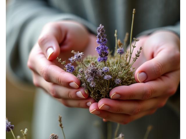 Hands arranging dried flowers and grasses into a small natural arrangement, focusing on securing them aesthetically