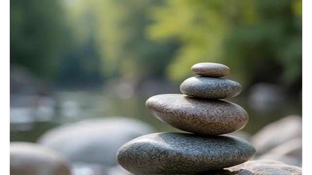 Tightly balanced natural stones creating a small cairn, demonstrating simple arrangement techniques