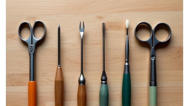 A collection of small, well-maintained craft tools for working with natural materials, arranged neatly