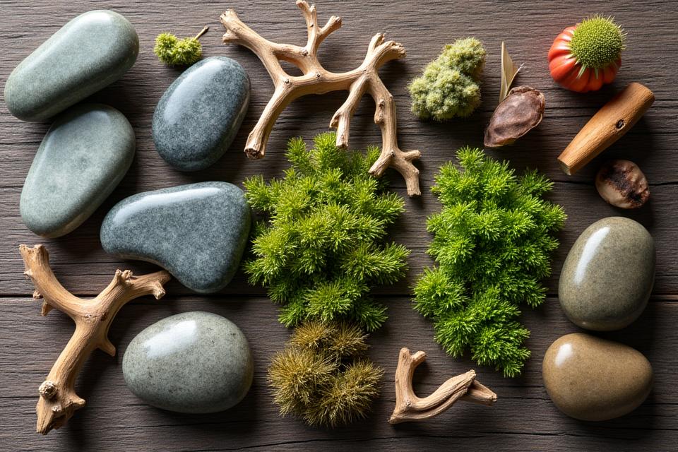 A collection of carefully selected natural materials: smooth river stones, various moss types, dried leaves, and diverse twigs, neatly organized