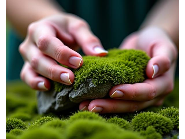 Close-up of hands gently applying fresh green moss onto a natural base, demonstrating proper handling