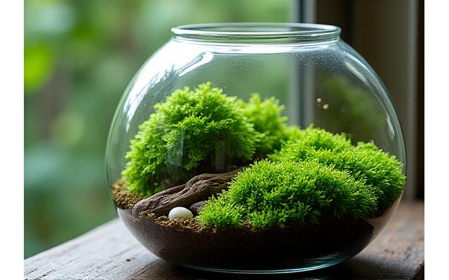 A vibrant, well-maintained moss garden housed in a decorative glass terrarium