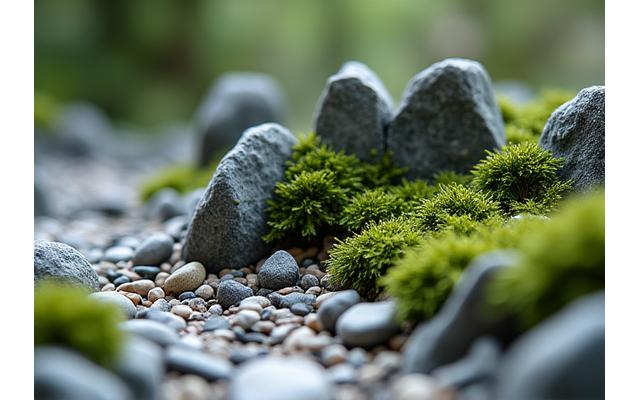 A miniature mountain landscape crafted from natural stones and moss