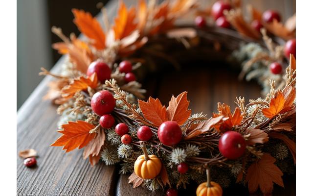 A autumn-themed natural wreath adorned with dried leaves, small gourds, and berries