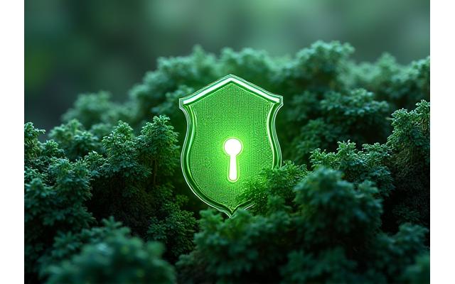 Digital lock icon shimmering over a leafy, natural background, symbolizing robust security for nature-focused data
