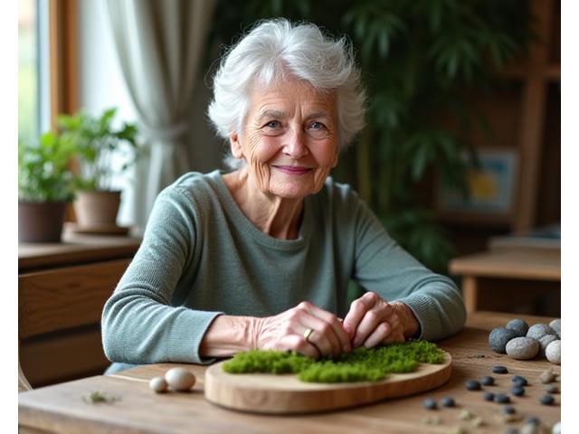 Smiling senior woman working on a nature-inspired craft, carefully arranging moss and small stones on a wooden base.