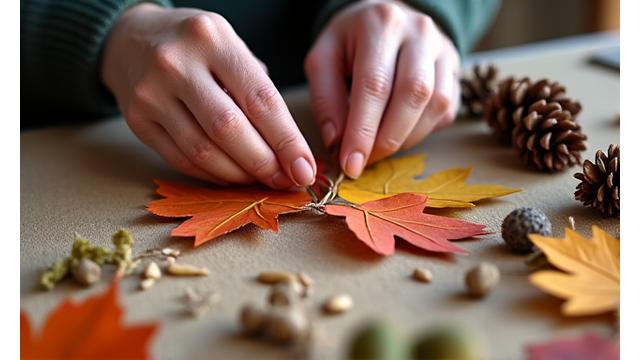 An elderly person's hands comfortably manipulating large, dried leaves and pinecones for a nature collage.