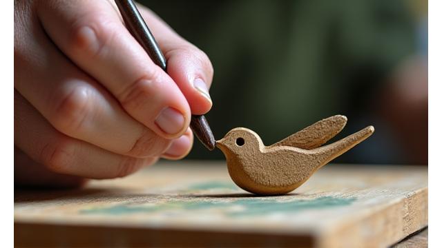 A senior's hand painting a small, rough-hewn wooden bird using broad strokes, demonstrating a simplified painting technique.