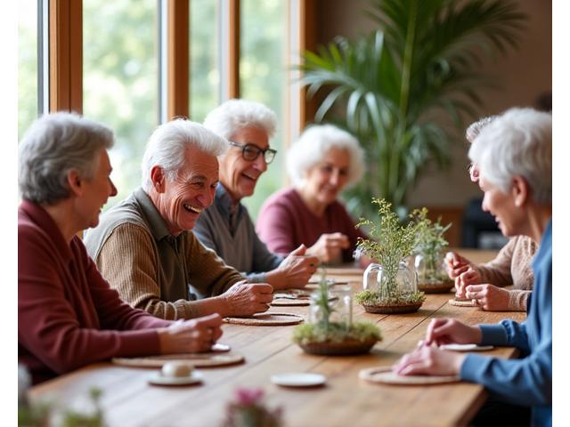 A diverse group of seniors laughing and chatting while working on art projects together around a communal table, bathed in warm, inviting light.