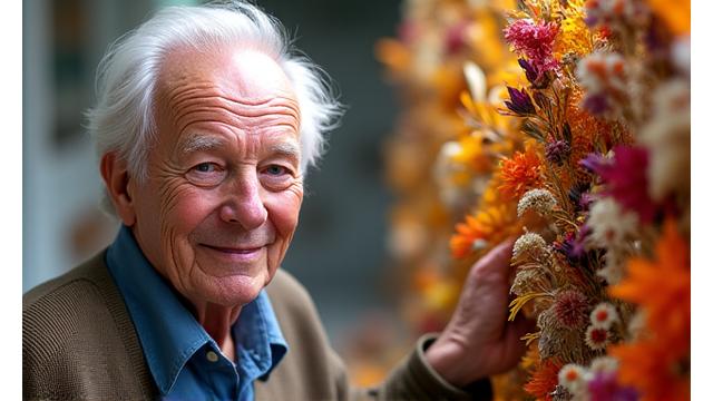 George, 75, showcasing a vibrant floral arrangement made from dried botanicals, his eyes sparkling with delight.