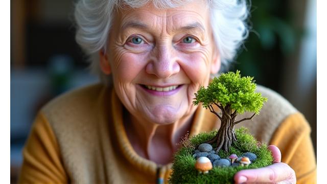 Martha, an 82-year-old woman, proudly holding up a beautifully crafted miniature forest scene, beaming.