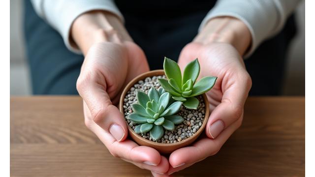Close-up of hands arranging small succulents and pebbles in a miniature ceramic pot, suitable for seated work.