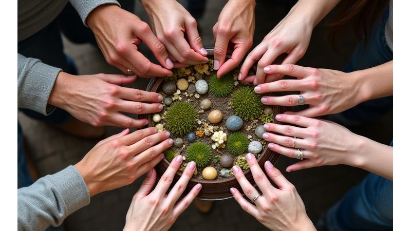 A group of diverse hands, including those of seniors, collaborating on an environmental craft project, symbolizing the welcoming and supportive nature of PrulDeniquor's online community.