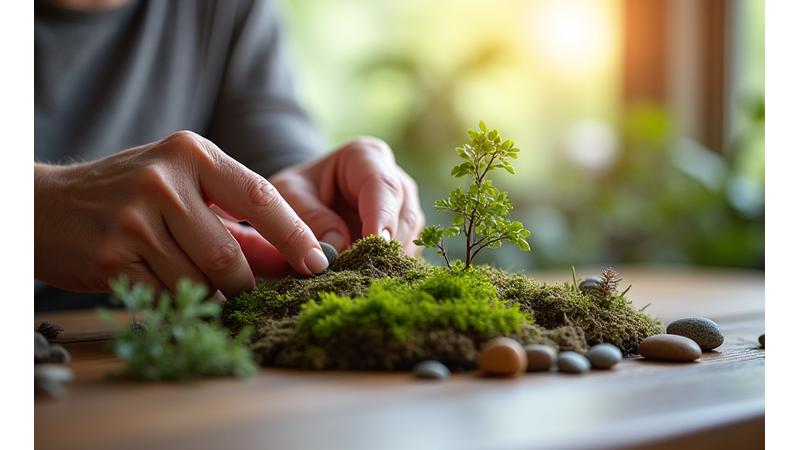 Hands carefully crafting a miniature natural landscape, with subtle digital elements overlaid, symbolizing the balance between creative work and intellectual property protection at PrulDeniquor.