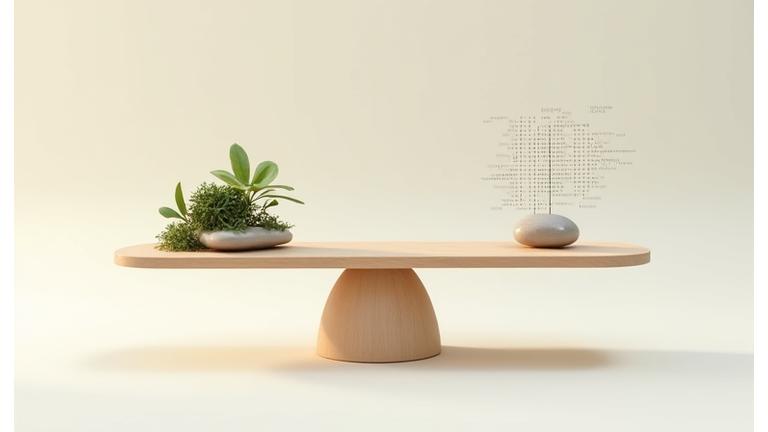 Artistic depiction of balanced scales, with one side holding natural elements like leaves and stones, and the other a subtle digital circuit pattern, symbolizing PrulDeniquor's commitment to both clarity in disclaimers and the integration of tech with nature.