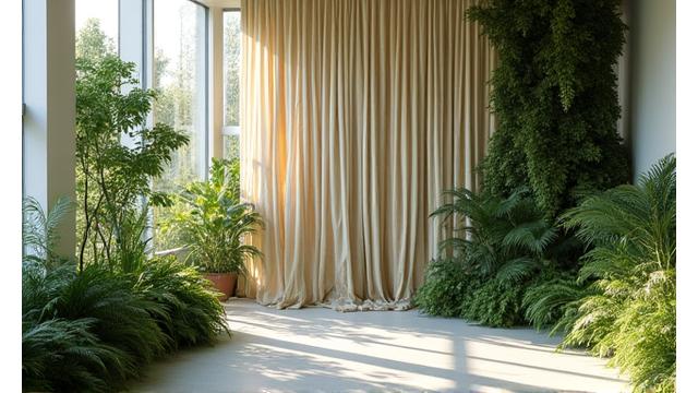 An indoor biophilic art installation featuring a large, flowing textile piece made of raw, natural fibers, gently intertwined with living plants like ferns and moss. The lighting is soft and natural, emphasizing the organic forms and the harmony between textiles and nature. Predominant colors are primary green and background light.