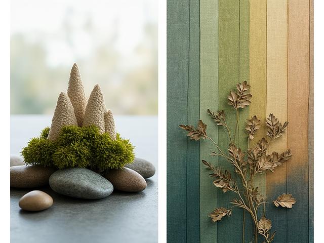 A composite image showing various contemporary mixed media environmental artworks. Features a woven sculpture blending into moss, a delicate fabric interpretation of a mountain range, and a naturally dyed silk panel with pressed botanicals. Colors are natural greens, earthy browns, soft creams, and muted blues from the PrulDeniquor palette.