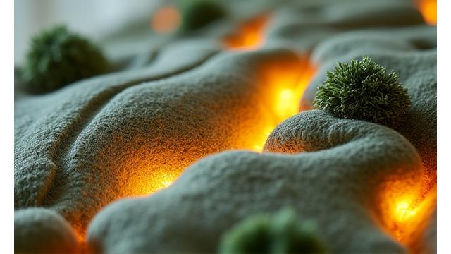 An interactive art piece made from soft, textured fabrics, moss, and small stones. The fabric has embedded sensors that react to touch, causing subtle light changes or gentle sounds, creating an engaging sensory experience. Focus on texture, organic shapes, and subtle light.