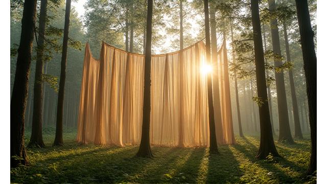 A breathtaking large-scale art installation in a natural setting. Long, flowing drapes of naturally dyed fabric in muted greens and browns are suspended between trees, gently moving with the wind, creating a semi-transparent, ethereal effect that plays with natural light and shadows.