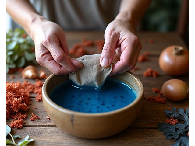 Hands submerging a piece of natural fabric into an indigo dye bath, surrounded by dried plant materials like onion skins and madder root. The scene is rustic and warm, with colors of deep blue, green, and earthy reds.