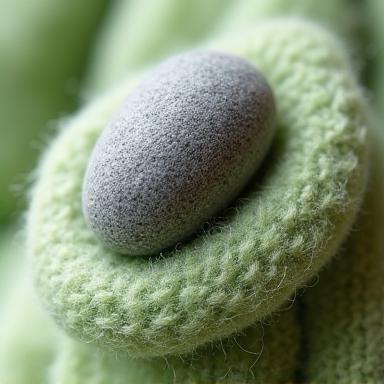 A small, intricate sculpture where a smooth river stone is organically integrated into soft, felted wool fabric, creating a harmonious blend of hard and soft textures. The colors evoke the brand's primary and secondary tones.