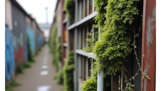 An urban environmental art piece where a discarded industrial metal structure is softened and repurposed with draped, naturally dyed fabrics and small pockets of moss and climbing vines. The scene combines gritty urban elements with tender natural textile art, with a focus on earthy greens and grays.