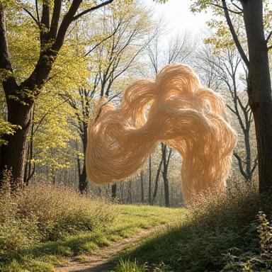 A detailed image of a contemporary environmental installation featuring a large, abstract natural fiber weaving intertwined with dried branches and delicate dried flowers, creating a flowing organic shape. The lighting highlights the intricate weaving patterns.