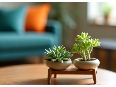 A miniature garden scene with a mid-century modern aesthetic, featuring tiny succulents and a small a-frame planter on a wooden surface.