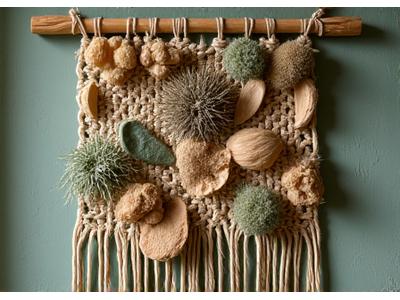 An earth-toned wall hanging made of natural fibers, macrame, and dried seed pods, evoking 1970s environmental art and rustic decor.