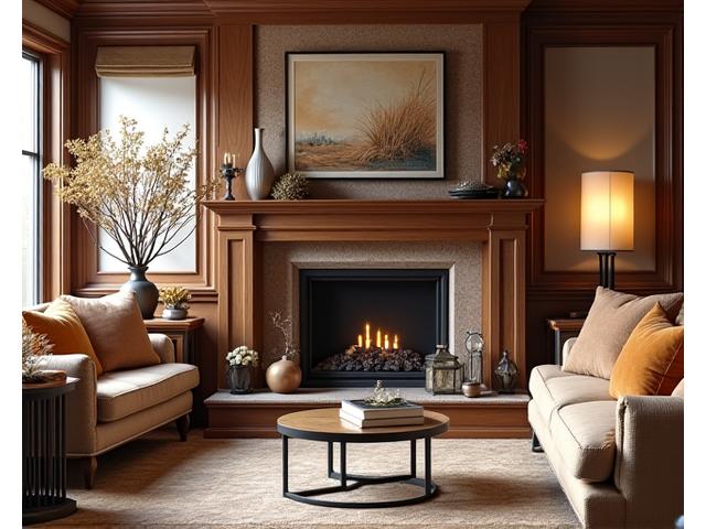 An elegantly designed living room in a heritage home, featuring a natural, vintage-style dried floral arrangement on a mantelpiece, blending seamlessly with classic wooden furniture and a warm, inviting atmosphere.