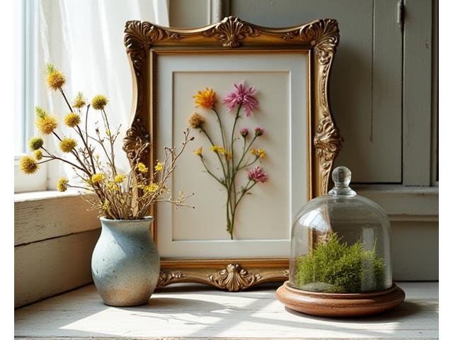 A collection of vintage-inspired natural crafts, including a pressed flower art piece in an antique frame, a small dried botanical arrangement, and a moss terrarium in a glass cloche, all bathed in warm, soft light.