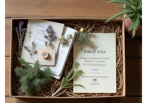 A beautifully designed craft kit box with vintage-style typography and botanical illustrations, open to reveal natural materials like dried flowers, moss, and small tools, all neatly organized.