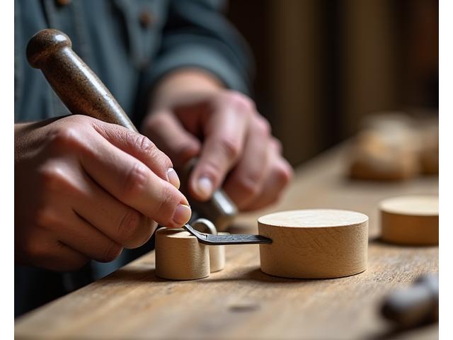 A crafter's hands carefully using a modern, ergonomically designed wood carving tool on a piece of natural wood, with a vintage-style safety glove. The background shows blurred traditional tools.