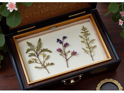 An ornate wooden press containing several delicate dried flowers and leaves, reminiscent of Victorian botanical studies, on a dark antique desk.