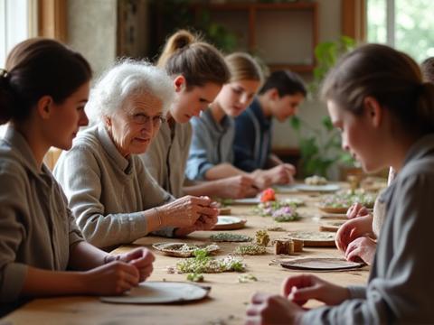 A group of enthusiastic students in a workshop setting, some dressed in period-inspired clothing, diligently working on natural craft projects with vintage tools, bathed in a warm, sepia-toned light.