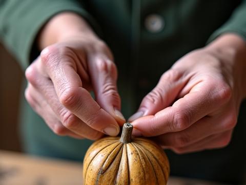 Close-up view of hands using traditional woodcarving tools to create a natural decorative piece, demonstrating meticulous vintage technique. Tools are well-maintained and show signs of gentle use.