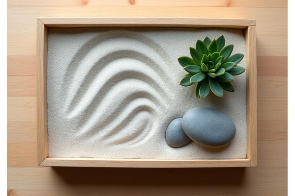 A small, intricate desktop Zen garden with carefully raked sand, smooth river stones, and a tiny succulent plant, demonstrating precision and calm.