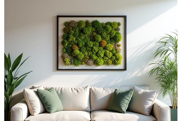 Before and after photo: First, a plain wall. Then, the same wall adorned with a vibrant, intricate framed moss art piece, showcasing a student's completed workshop project.