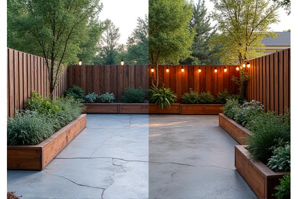 A before shot of a sparse patio, followed by an after shot of the same patio transformed into a serene oasis with a hand-built rock garden, repurposed wood planters, and string lights, all from a workshop.