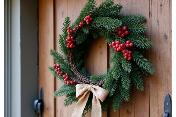 A beautifully crafted natural winter wreath made with evergreen branches, dried berries, cinnamon sticks, and burlap ribbon, hanging on a rustic wooden door.