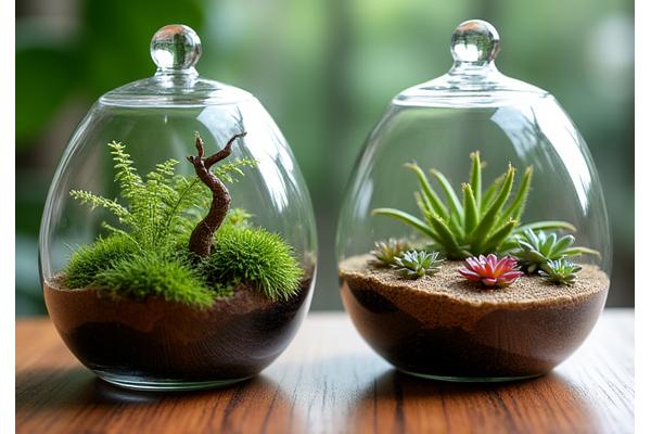 Two elegant, sealed glass terrariums, one featuring a miniature forest scene and the other a desert succulent arrangement, showcasing diversity in student projects.