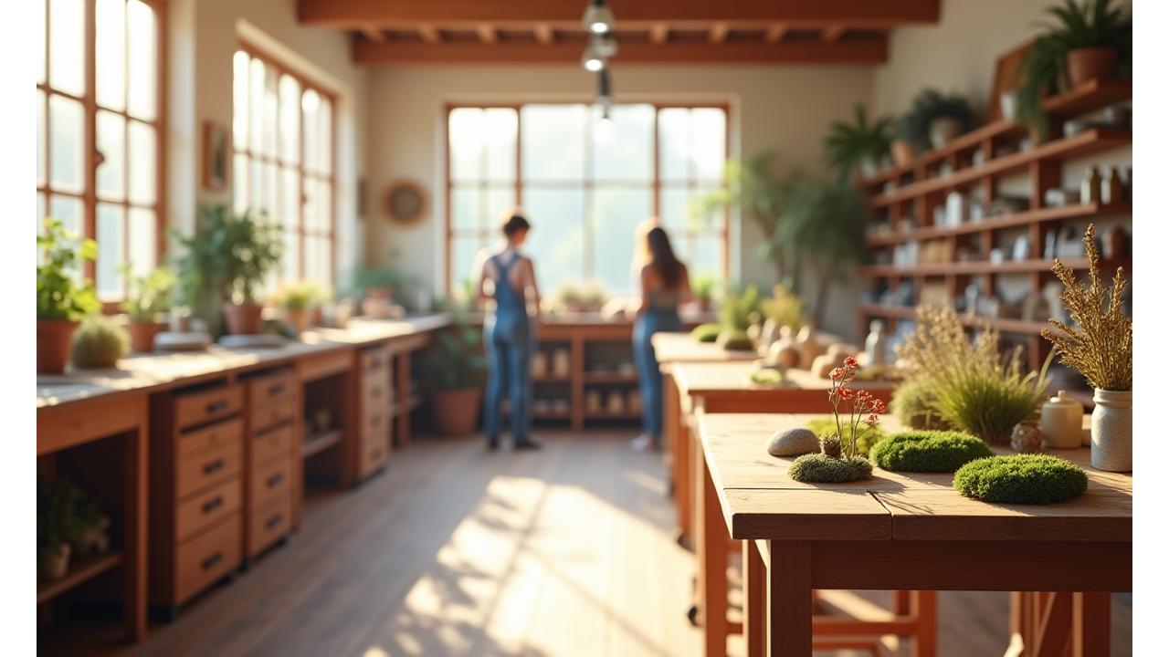 Bright, welcoming workshop studio at PrulDeniquor filled with natural light and various craft stations with organic materials.