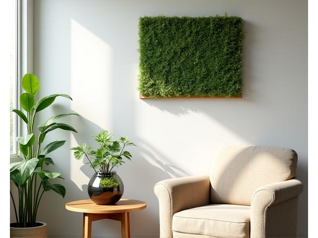 Beautiful indoor living room with a handcrafted moss wall art piece and small botanical terrariums.