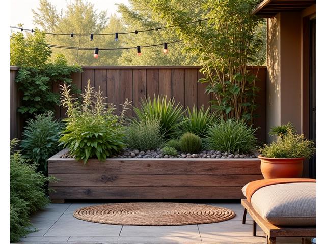 Lush patio space adorned with an eco-conscious planter made from repurposed wood and natural stone, thriving with herbs and ornamental plants.