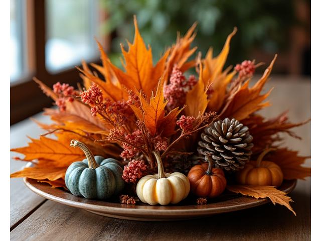 Elegantly designed autumn-themed table centerpiece featuring dried leaves, pinecones, tiny gourds, and muted floral accents, reflecting seasonal craftsmanship.