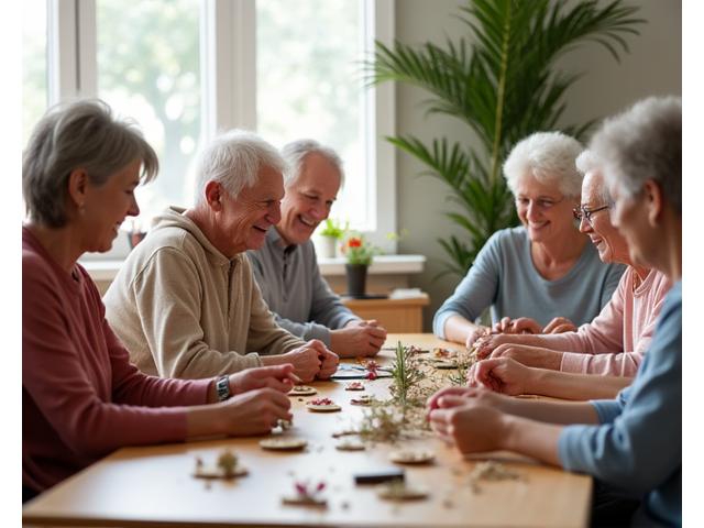Group of diverse seniors in a brightly lit studio, happily engaged in crafting small, nature-inspired decor, assisted by an instructor.